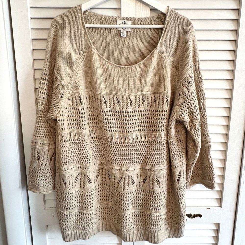 St. John's Bay Sweater Open Knit 2X Beige Womens Boho Crochet Pullover Top